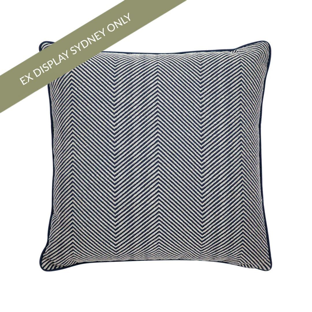 Candace Square Feather Cushion - Chevron Blue Linen - OUTLET NSW