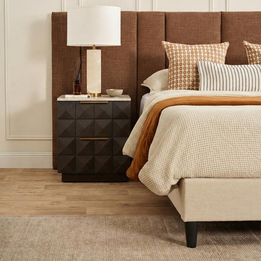 Benedict Smoked Oak Bedside Table - White Marble