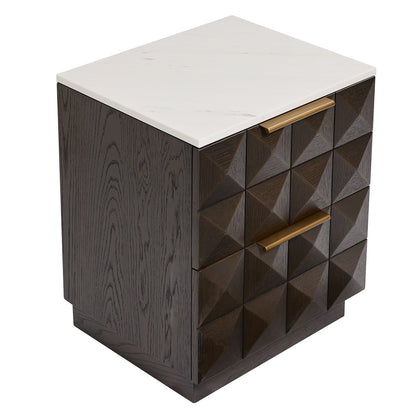 Benedict Smoked Oak Bedside Table - White Marble