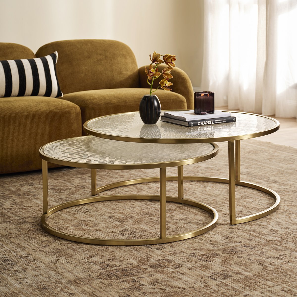 Chloe Rippled Glass Nesting Coffee Table - Gold