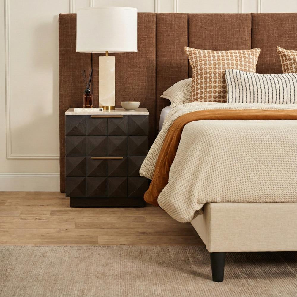 Benedict Smoked Oak Bedside Table - White Marble