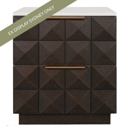 Benedict 53x62.5cm Smoked Oak Bedside Table - White Marble - OUTLET NSW