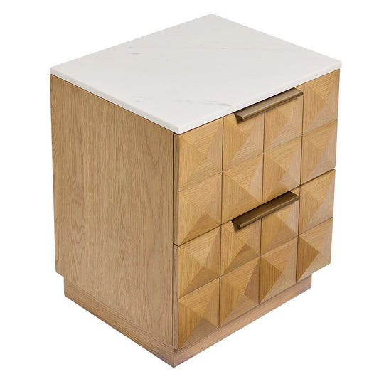Benedict Natural Oak Bedside Table - White Marble