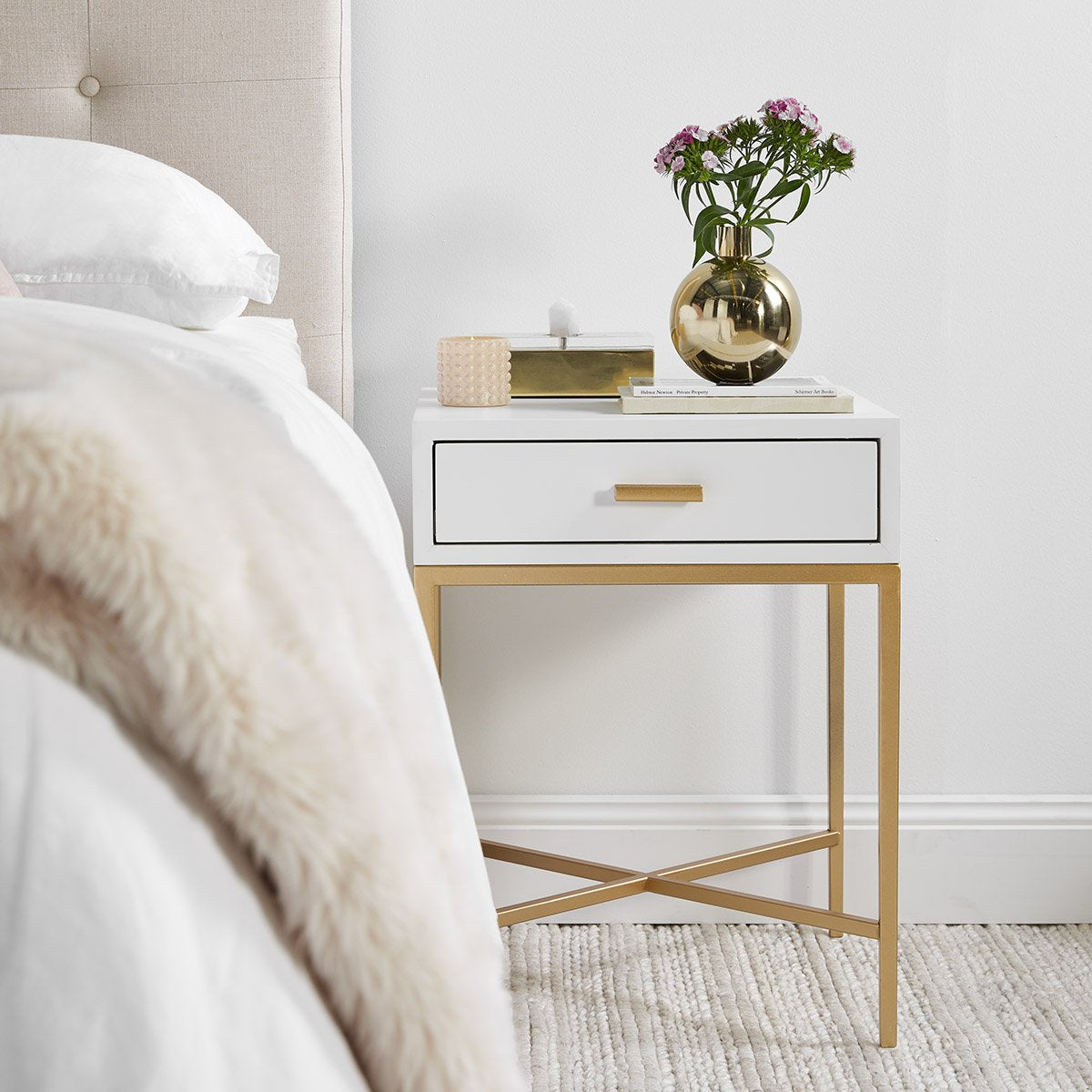 Nessa 1 Drawer Bedside Table -White/Gold